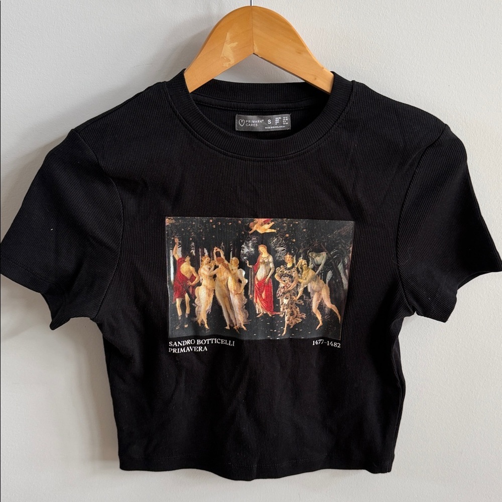 🖤 Primark Black Ribbed Short-Sleeve Tee – Botticelli “Primavera” Graphic